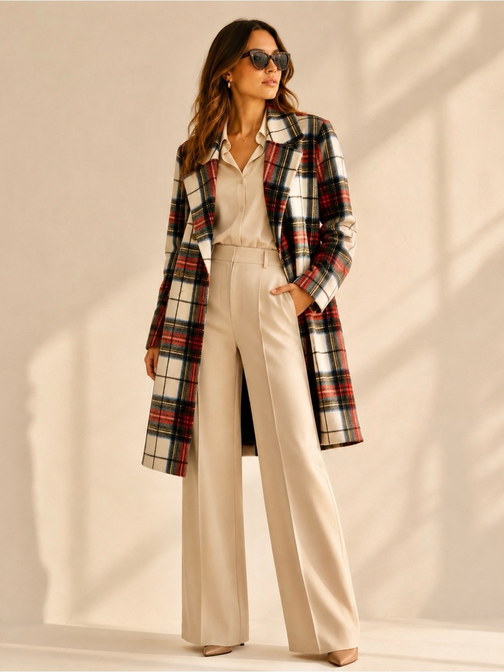 Old Navy Women’s White Tartan Plaid Long Slouchy Double-Breasted Coat